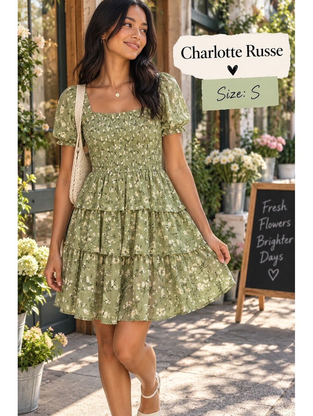 Charlotte Russe | S | Sage Green Floral Tiered Dress